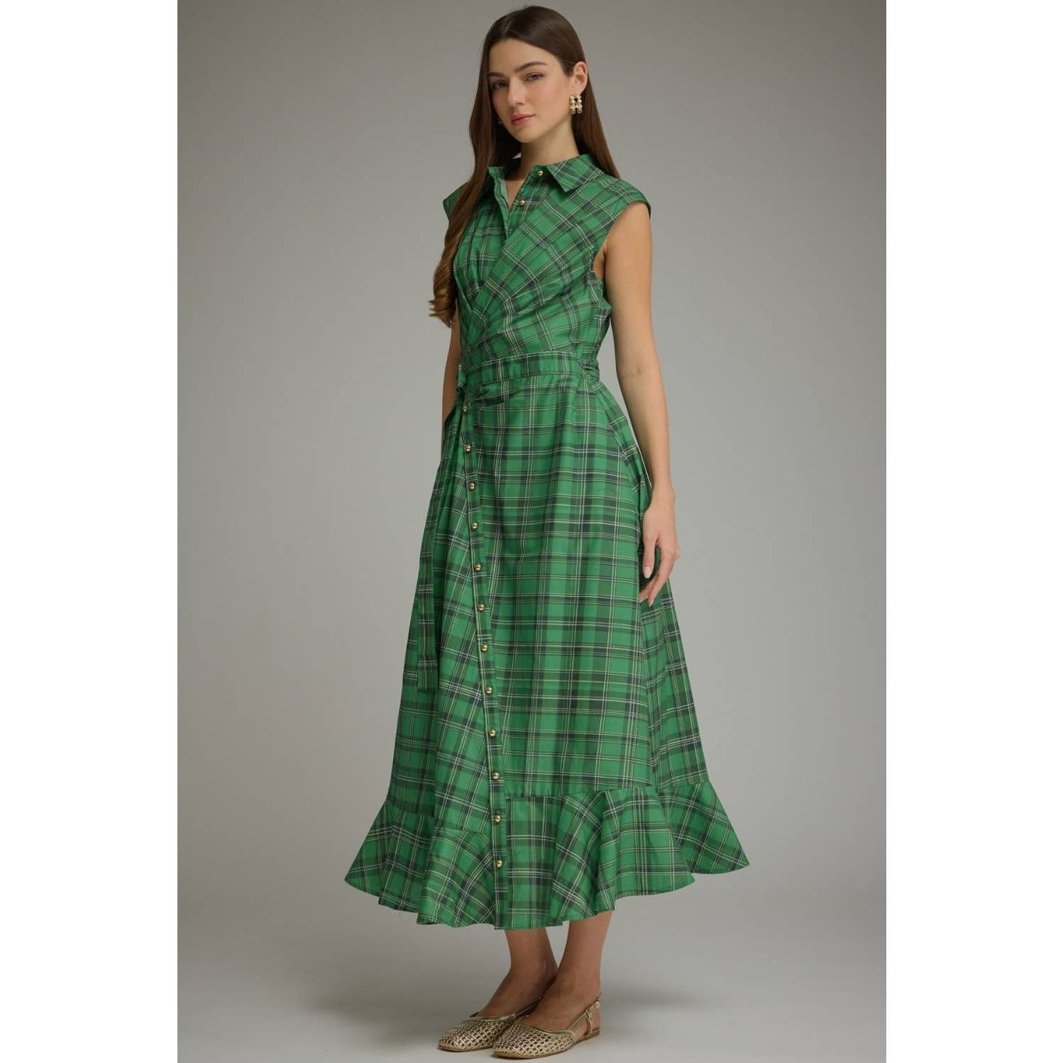Plaid Cap Sleeve Midi Dress