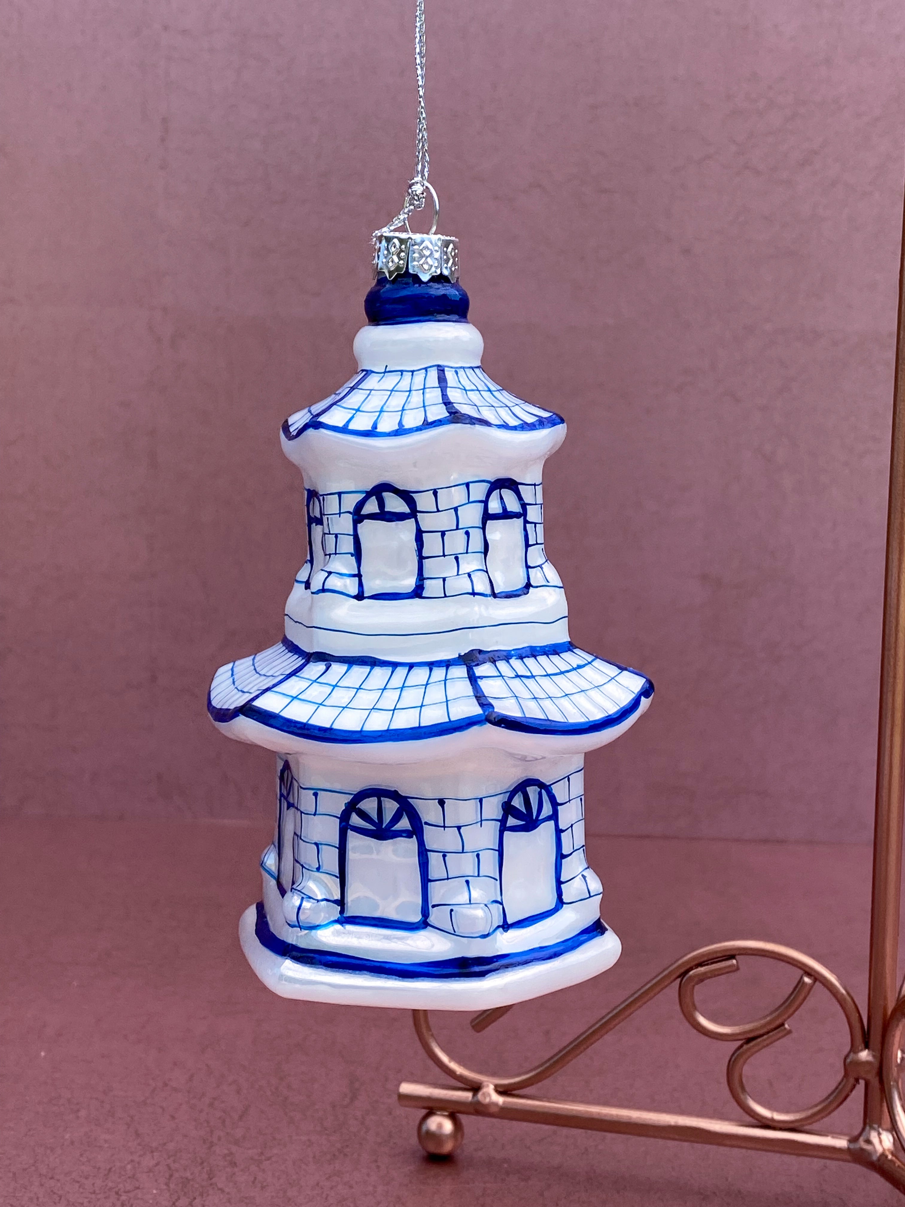 Blue and White Chinoiserie Ornament Pagoda White Background