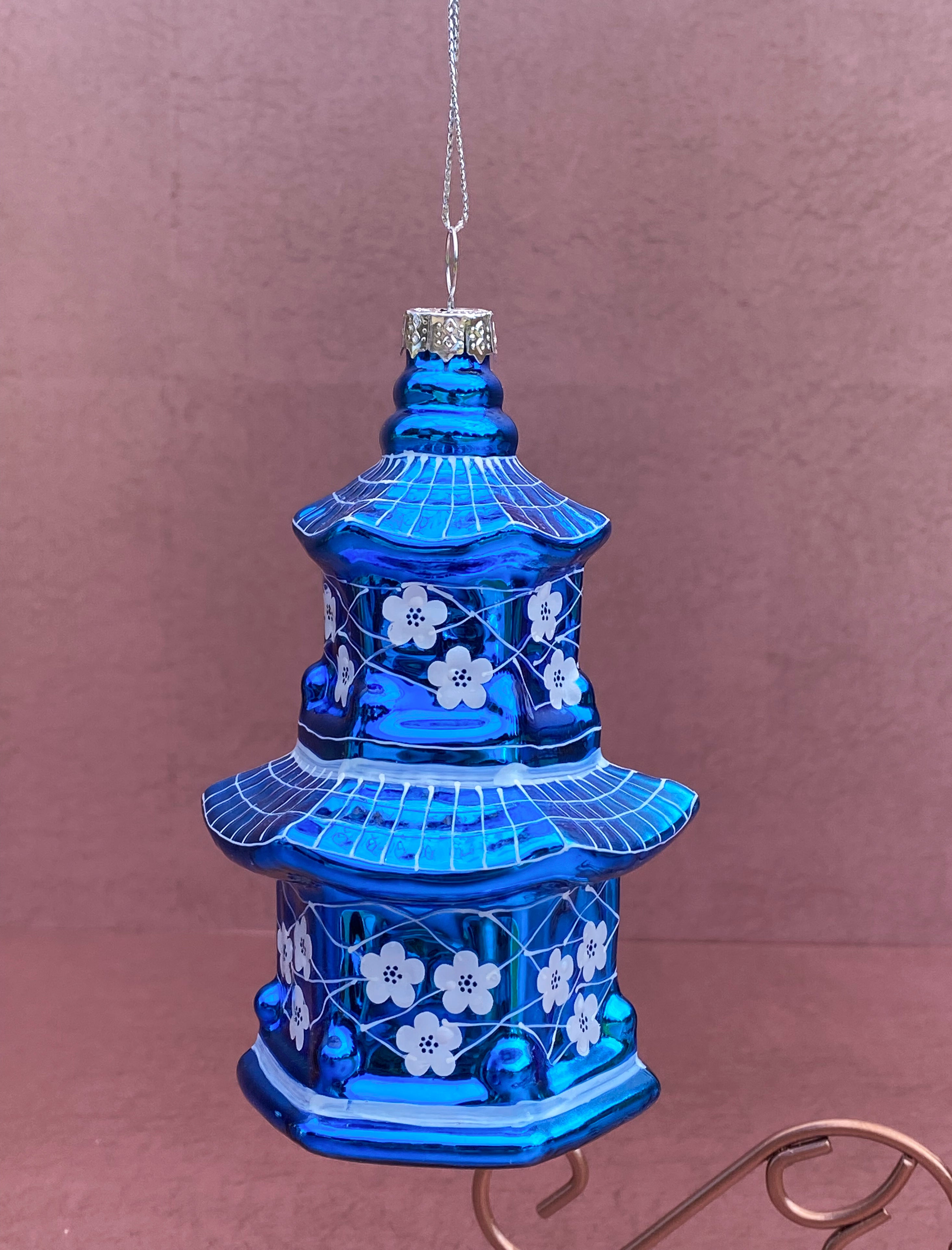 Blue and White Chinoiserie Ornament Pagoda Blue Background