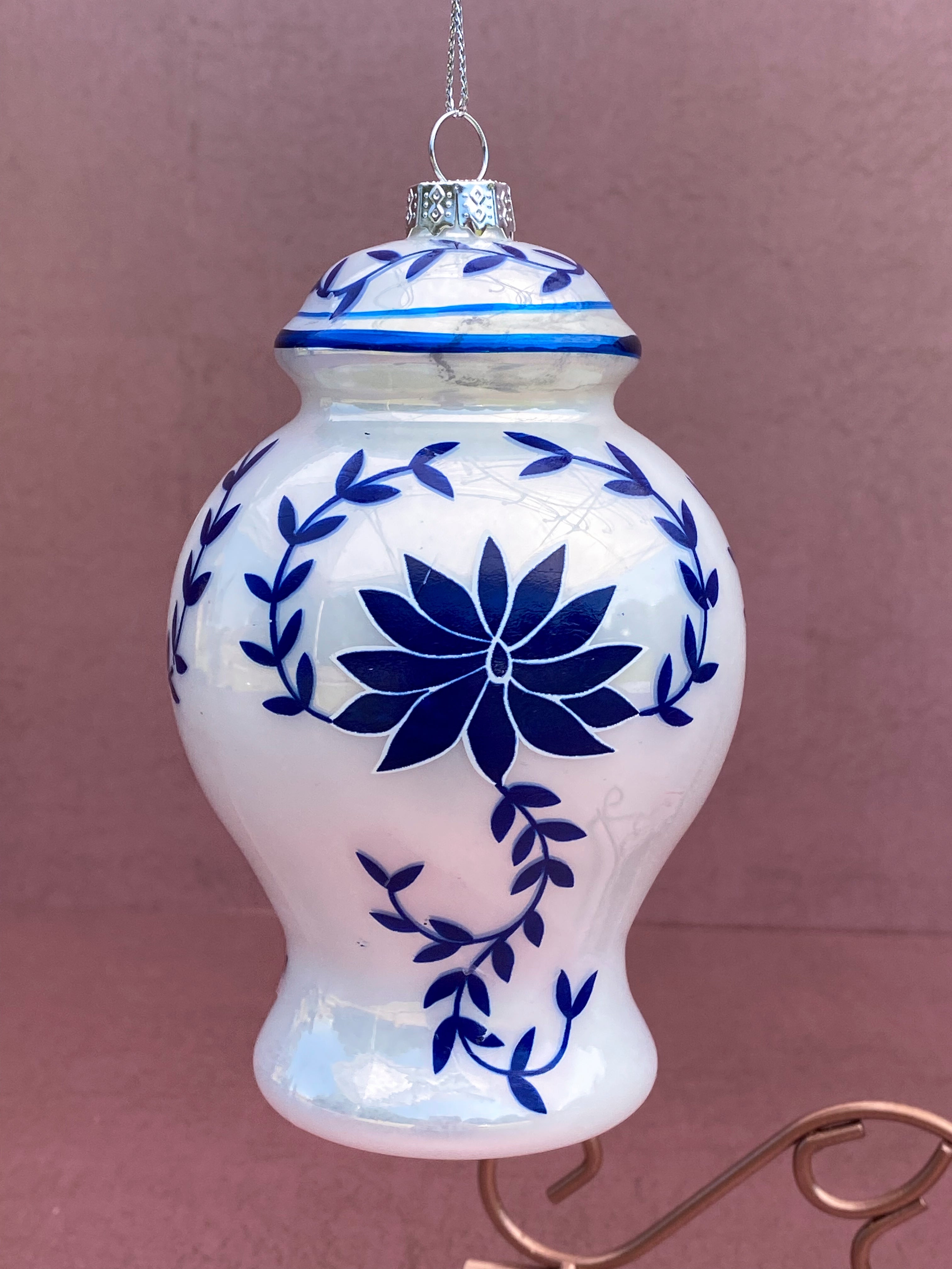 Blue and White Chinoiserie Ornament Temple Jar White Background