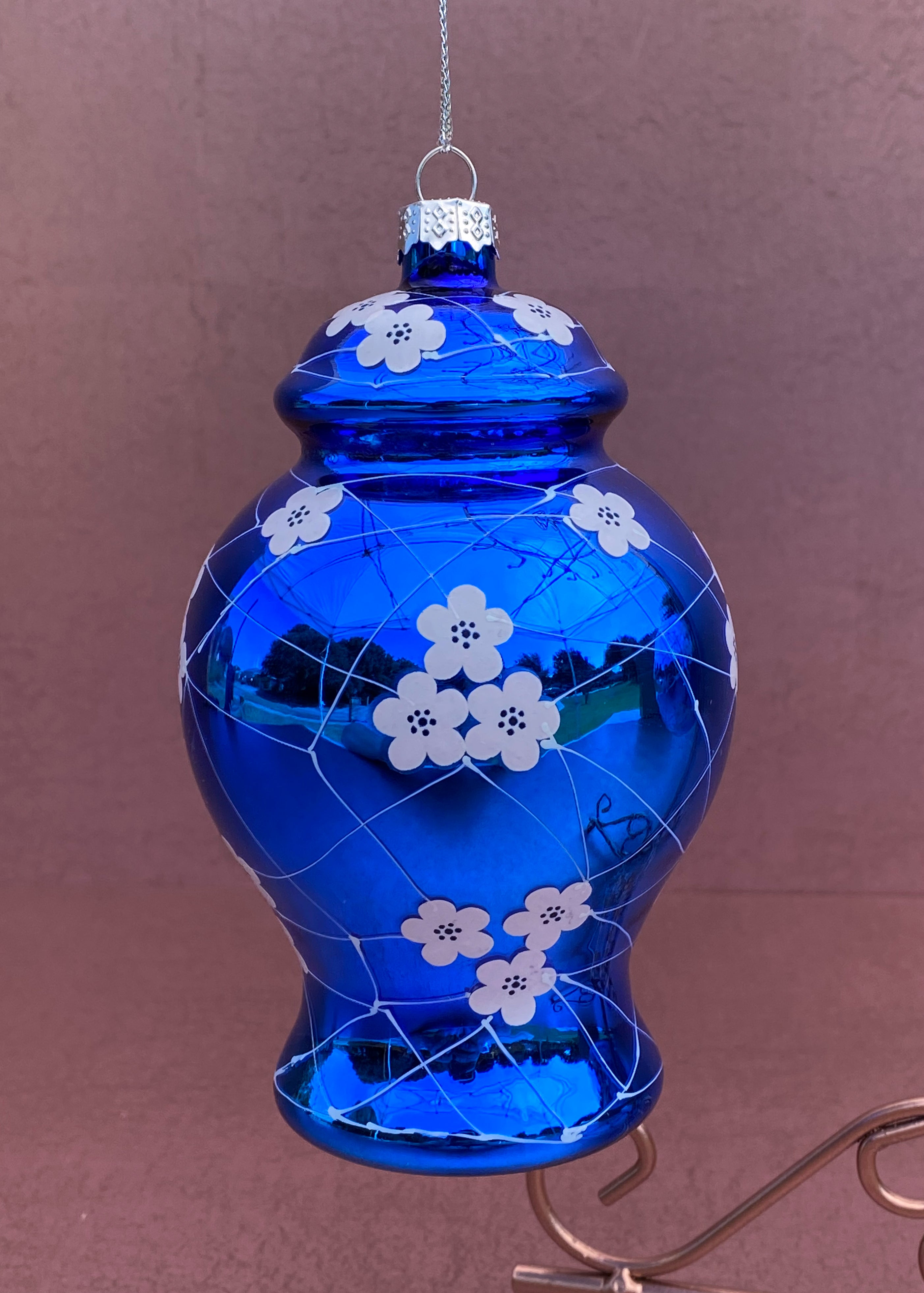 Blue and White Chinoiserie Ornament Temple Jar Blue Background