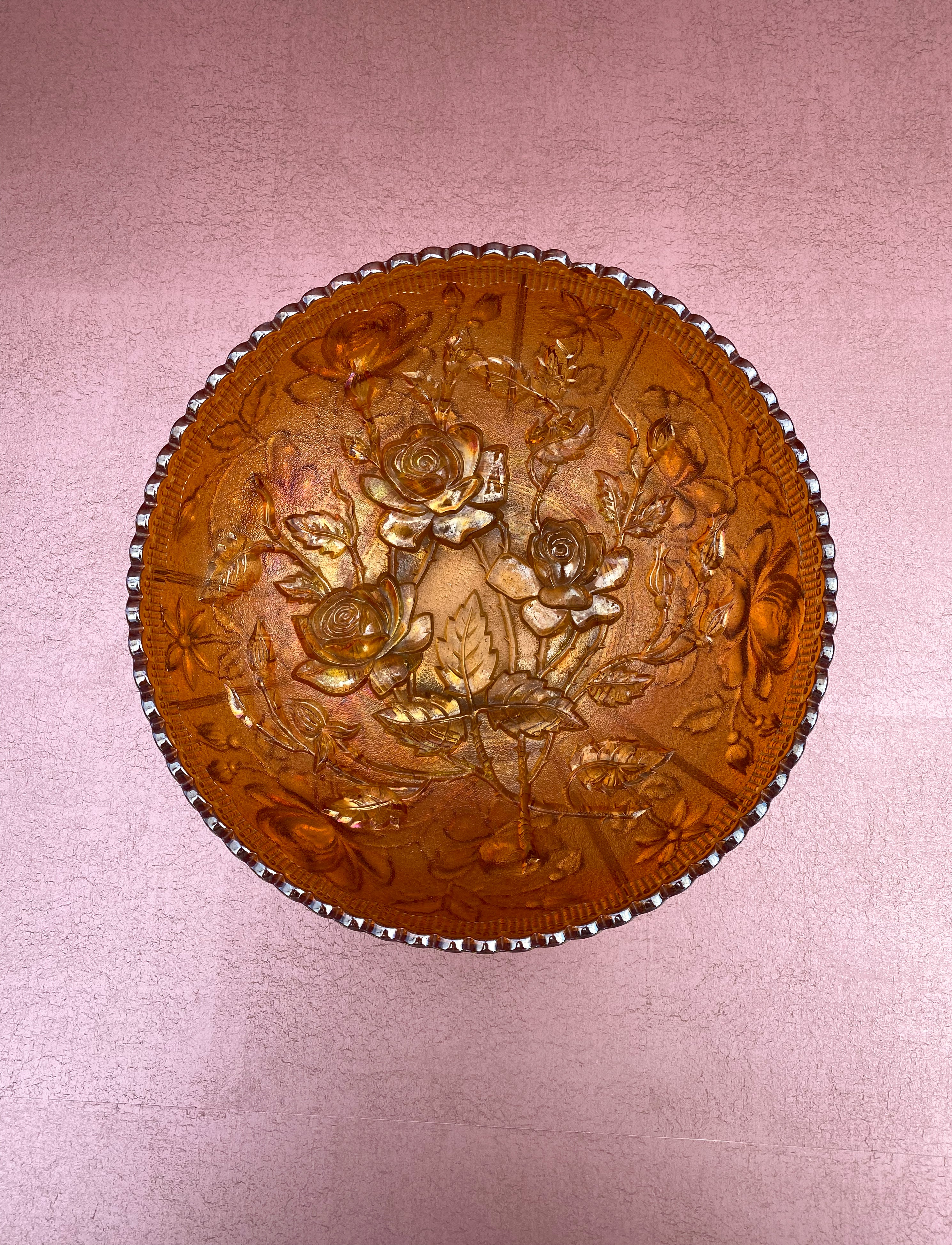 Orange Carnival Glass Bowl Roses Pattern