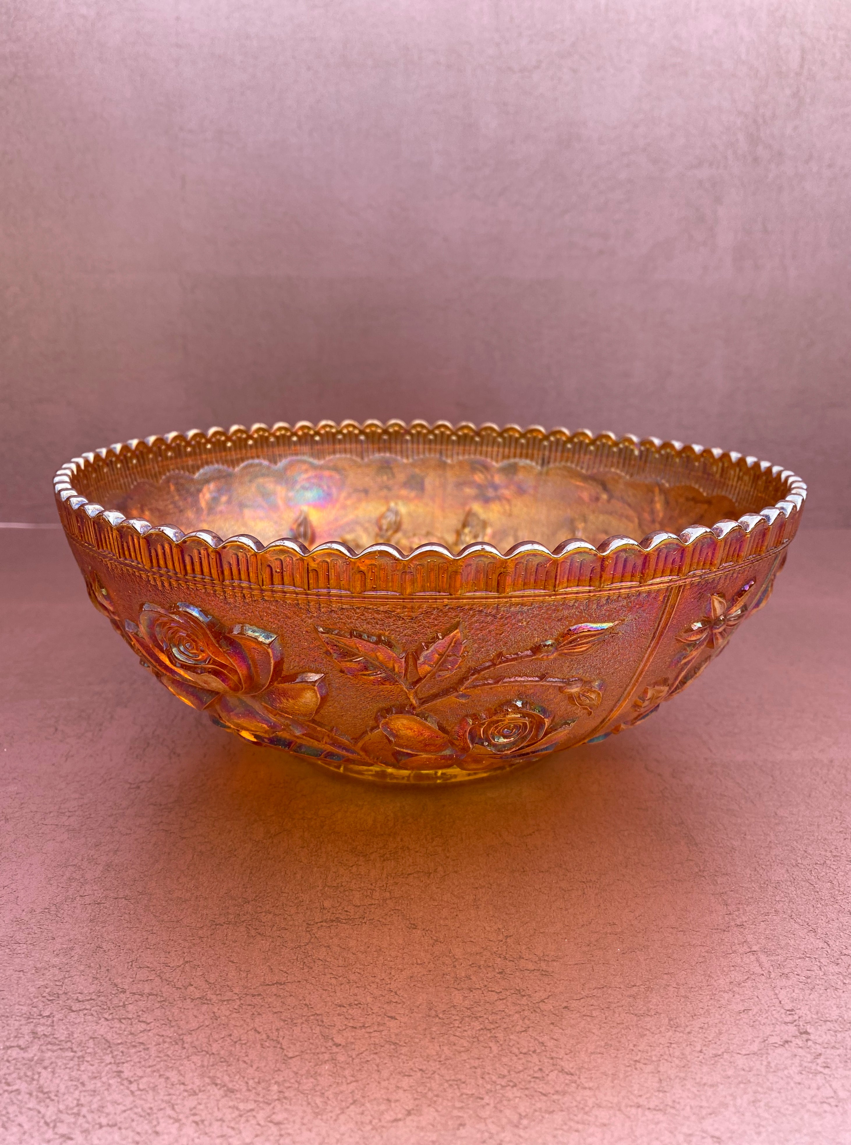 Orange Carnival Glass Bowl Roses Pattern