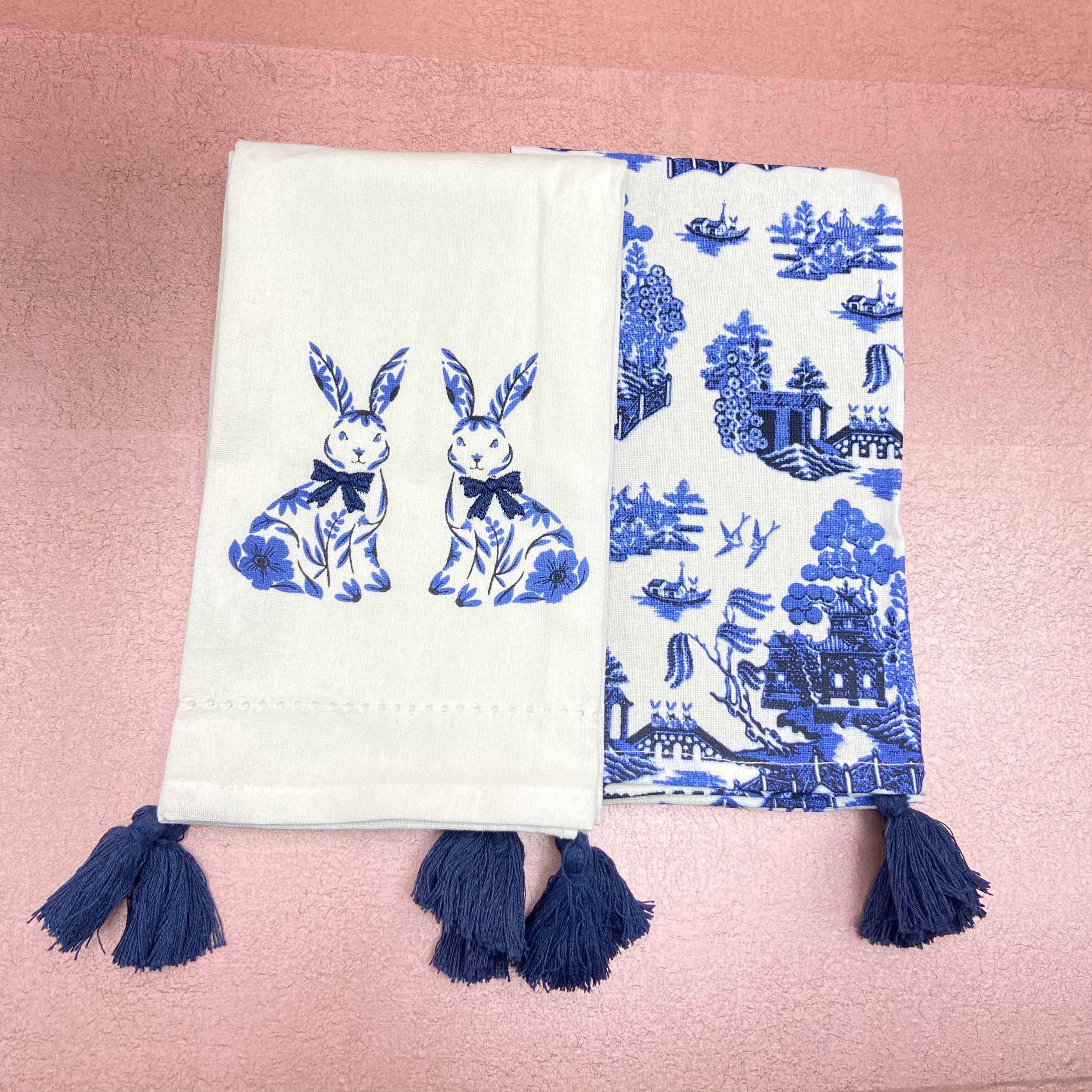 Blue & White Bunny/Chinoiserie Towels Set 2