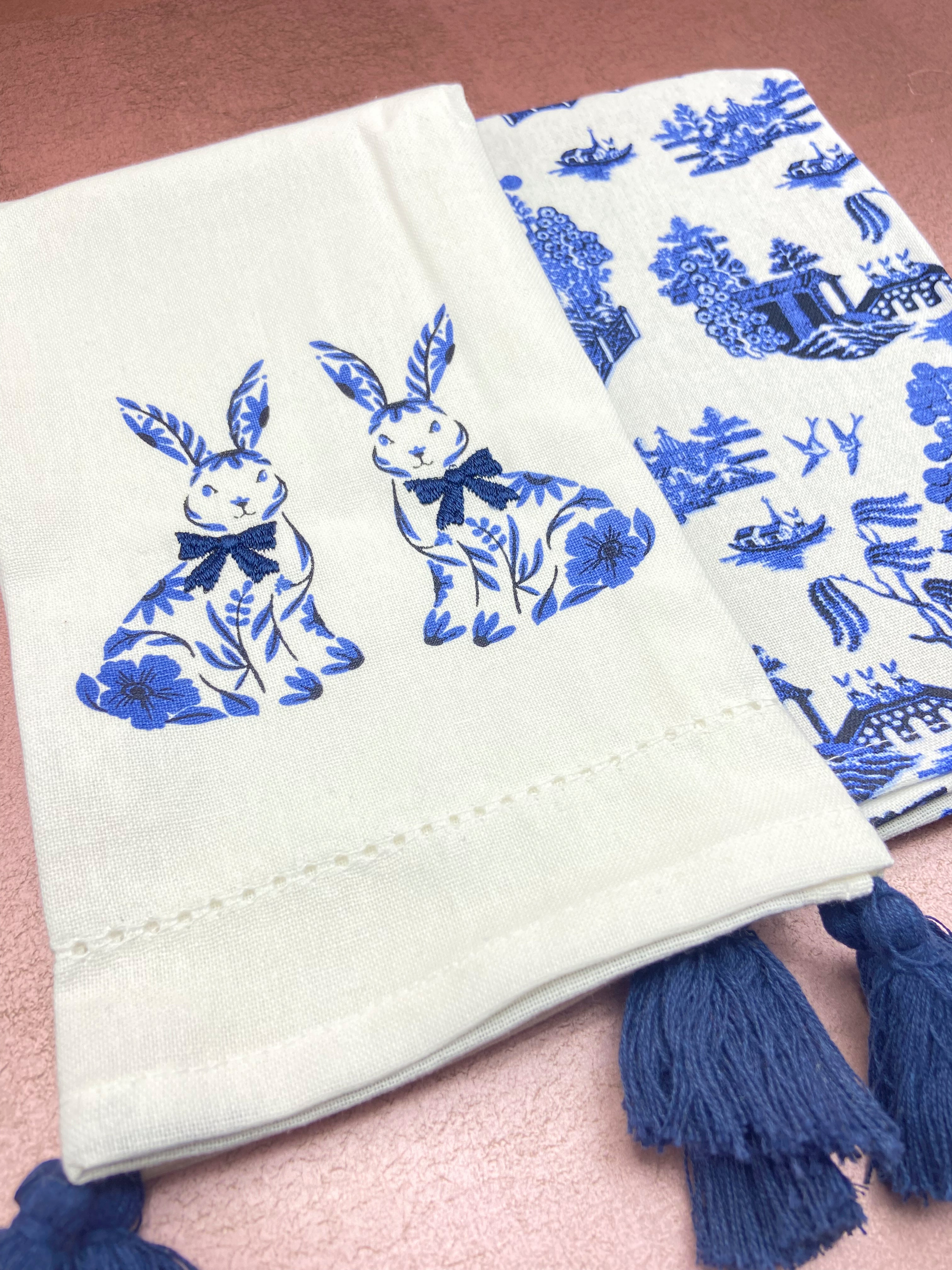 Blue & White Bunny/Chinoiserie Towels Set 2