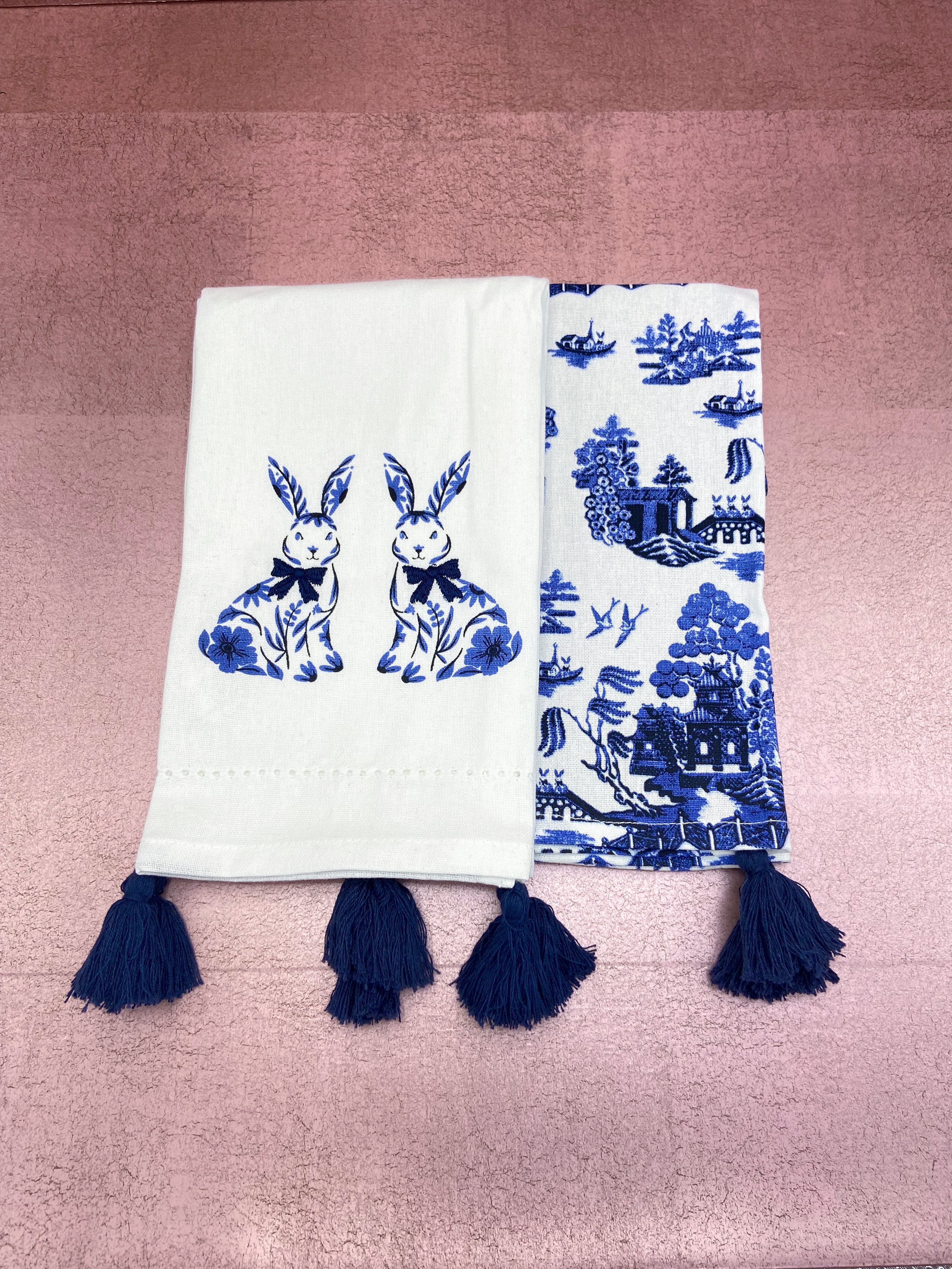 Blue & White Bunny/Chinoiserie Towels Set 2