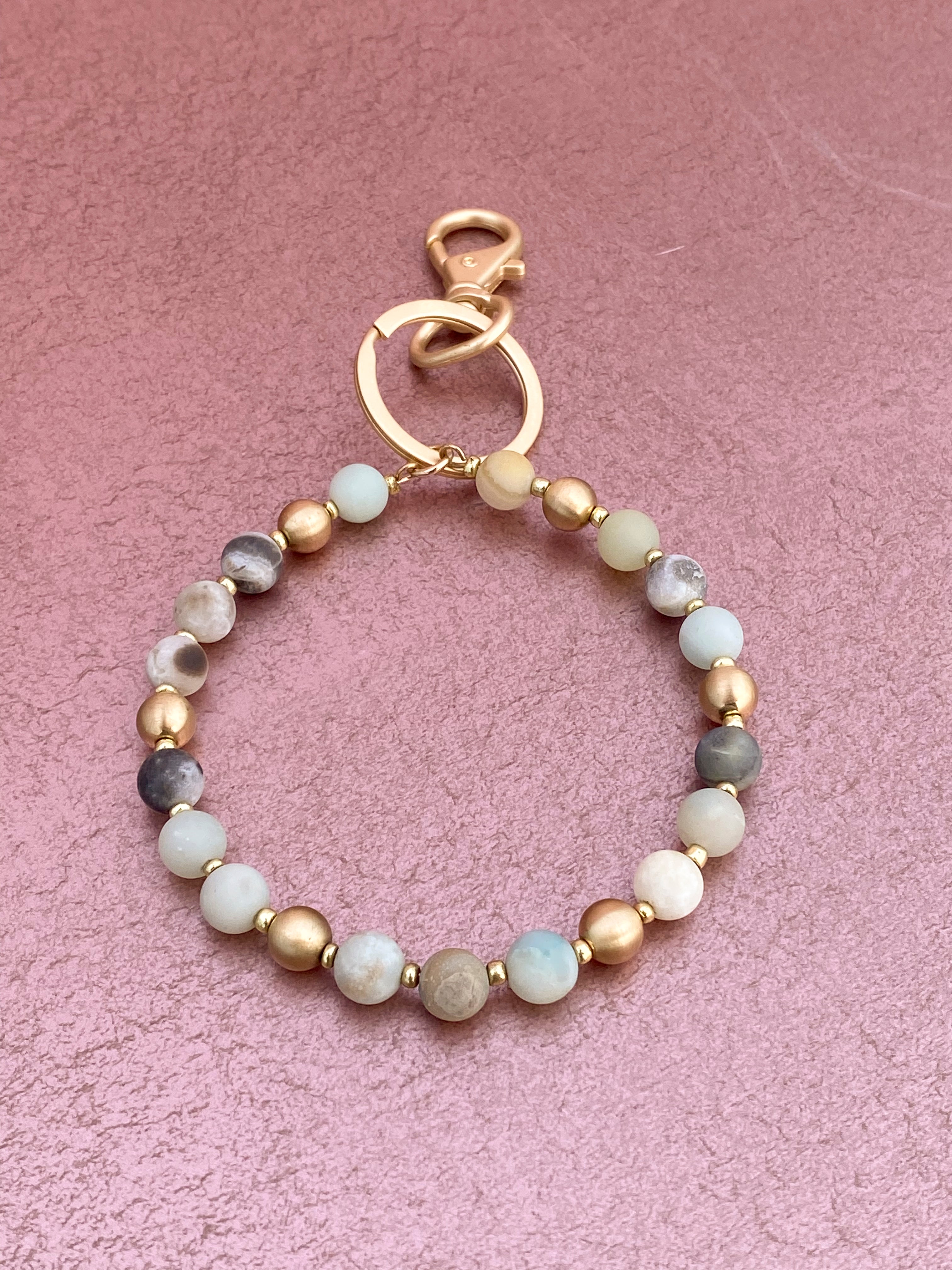 Beaded Keychain Ring with Natural Stone Beads