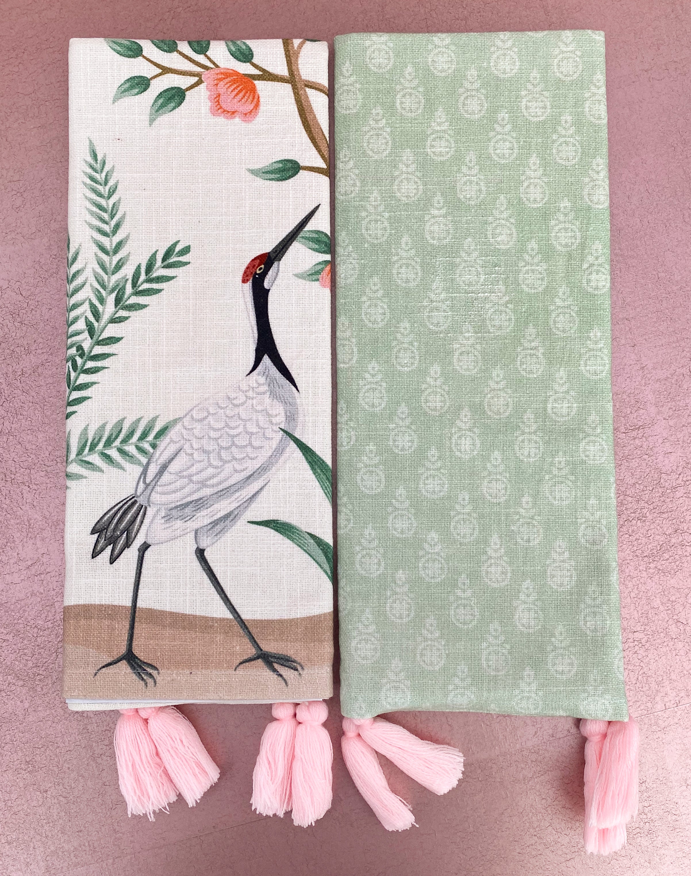 Flora and Fauna Dish Towel Set with Tassels