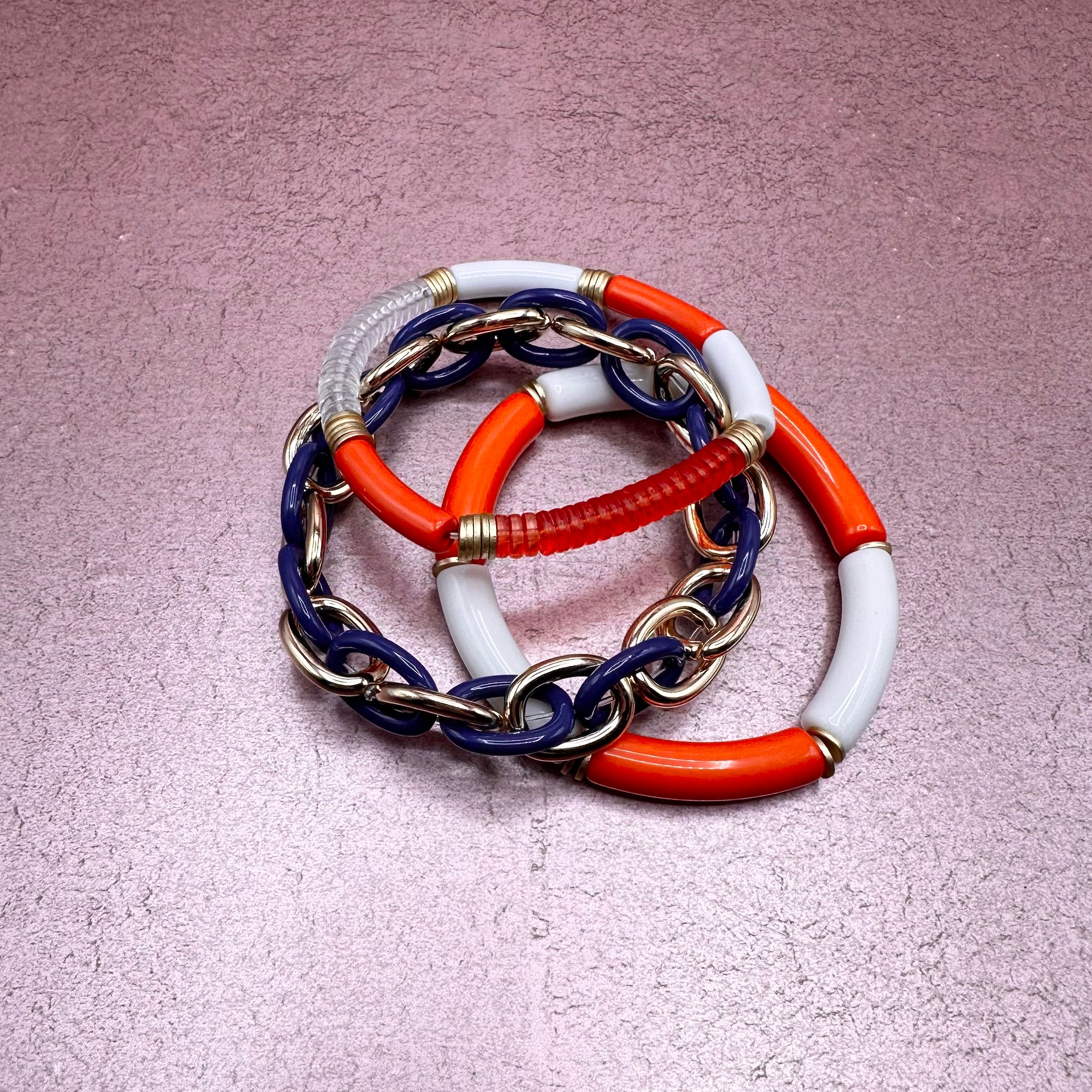Blue Link & Orange Bead Bracelet Stack
