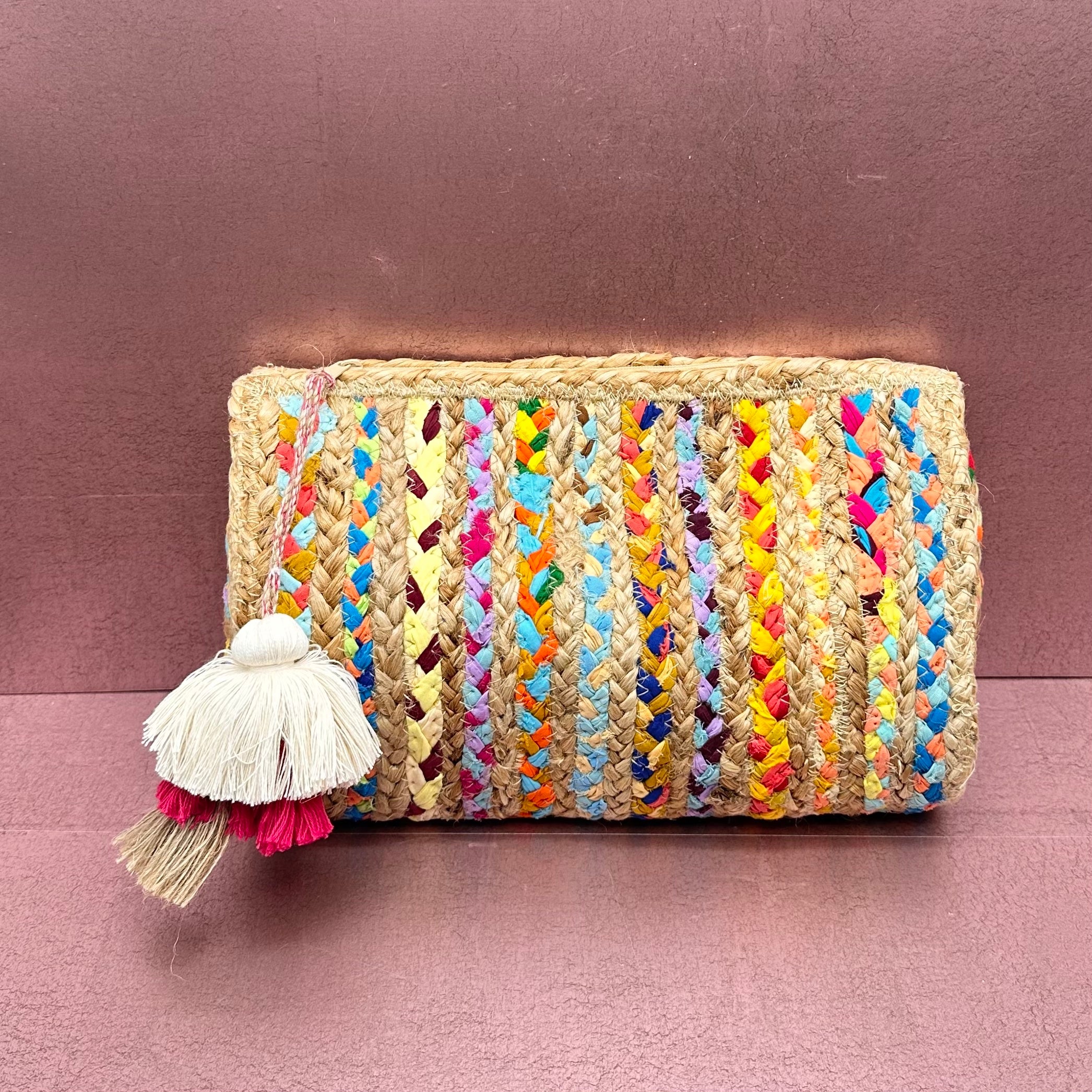 Multi Colored Raffia Tassel Clutch