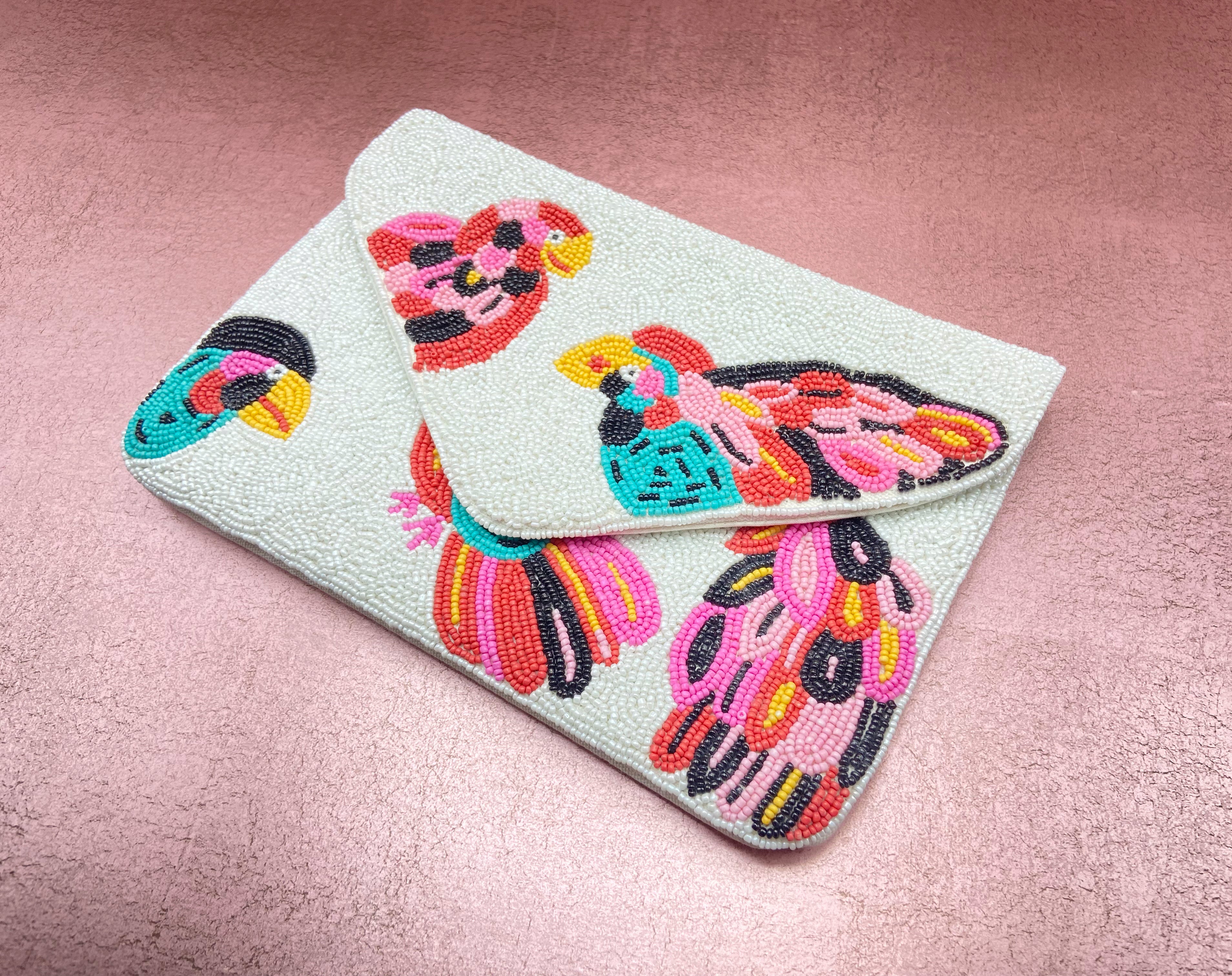 Bird Motif Beaded Clutch