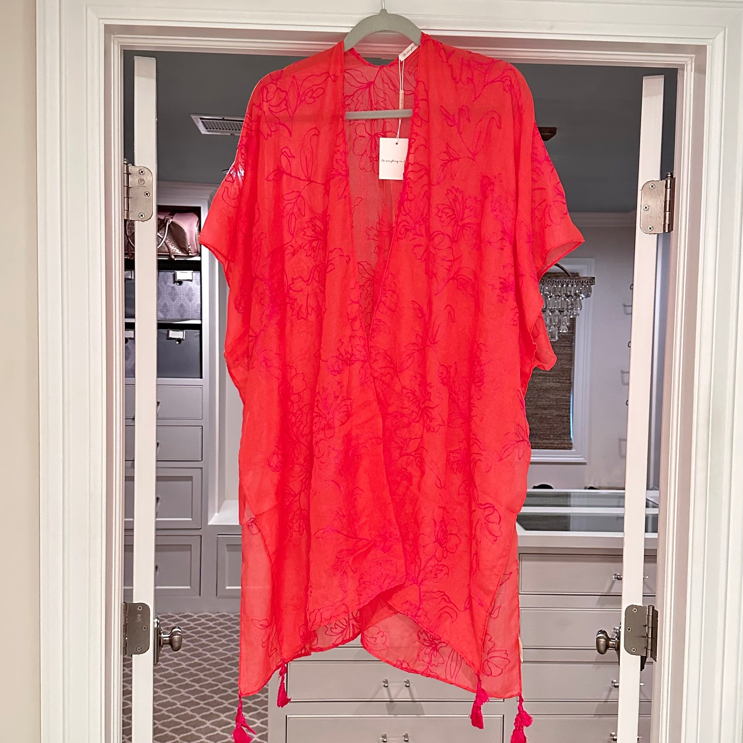Coral with Fuchsia Floral Embroidered Kimono/Cover-Up