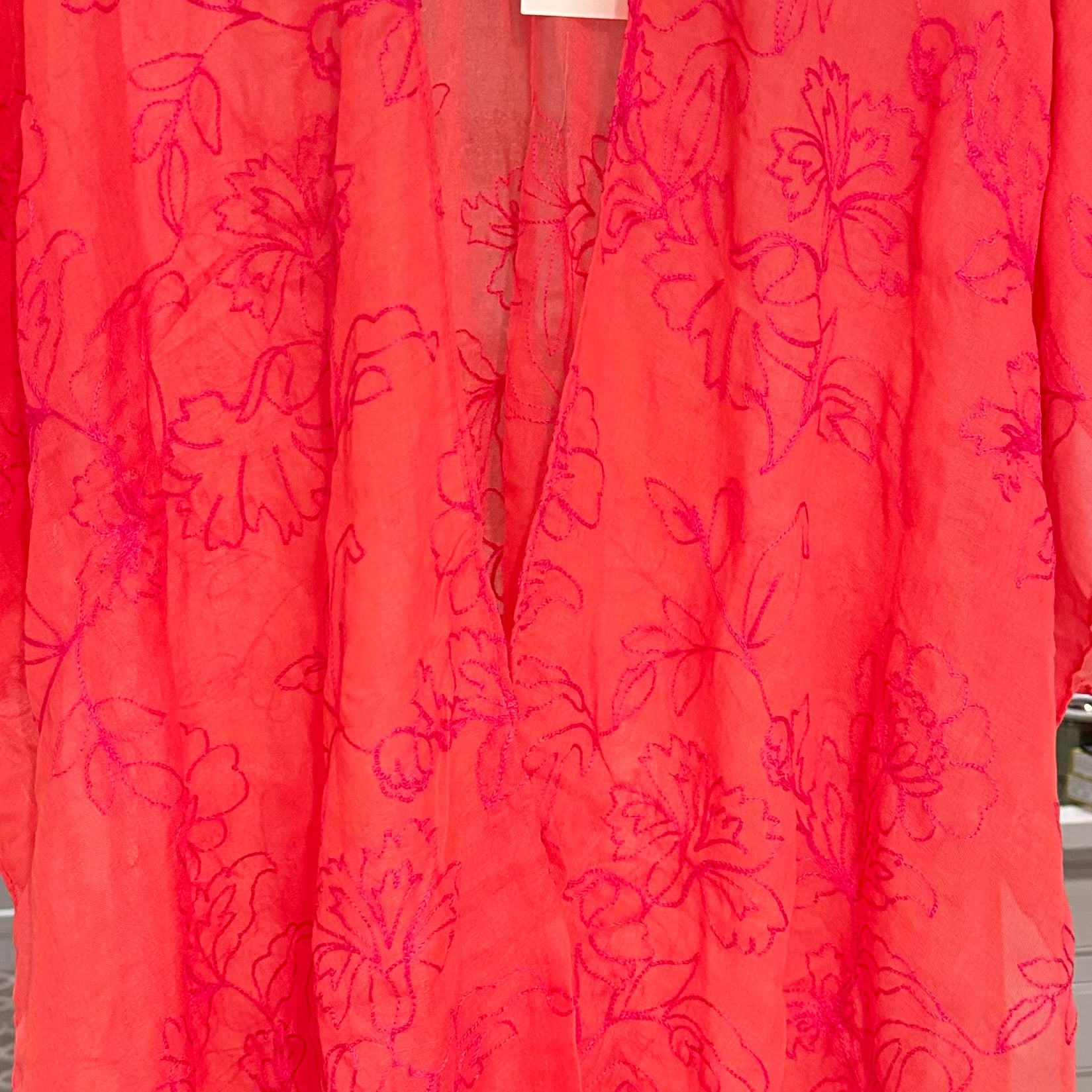 Coral with Fuchsia Floral Embroidered Kimono/Cover-Up