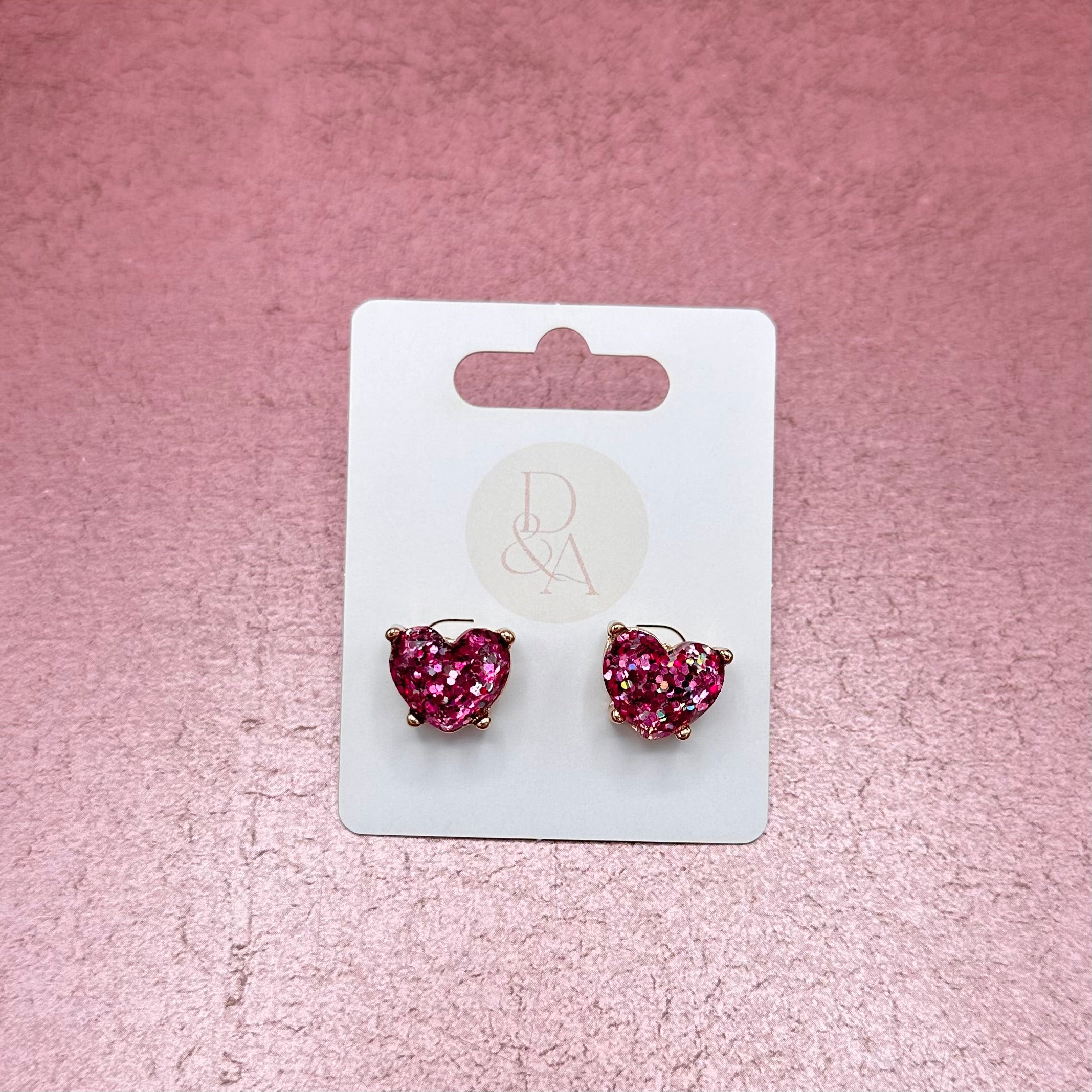 Glitter Heart Stud Earrings Fuchsia