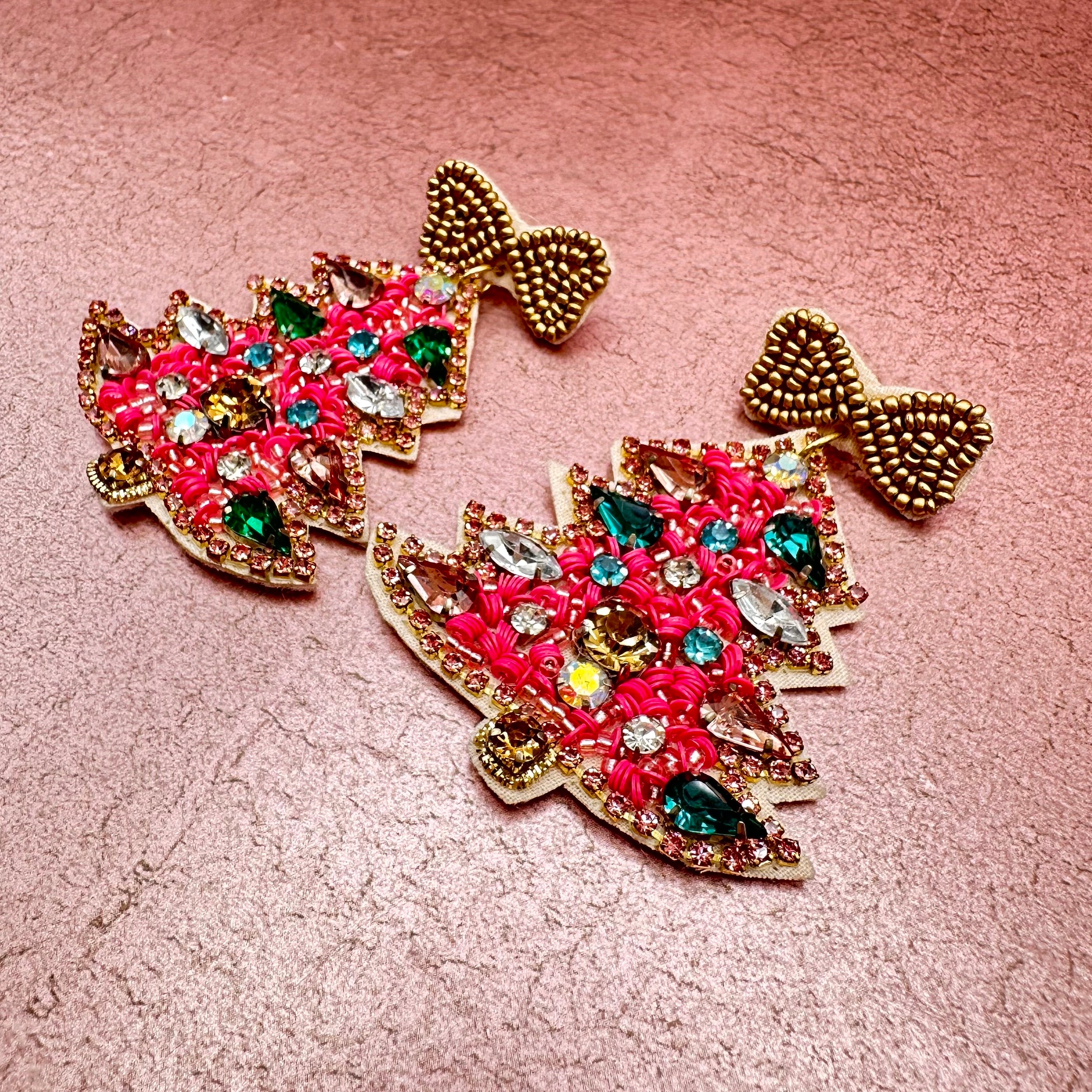 Pink Rhinestone Christmas Tree Dangle Earrings
