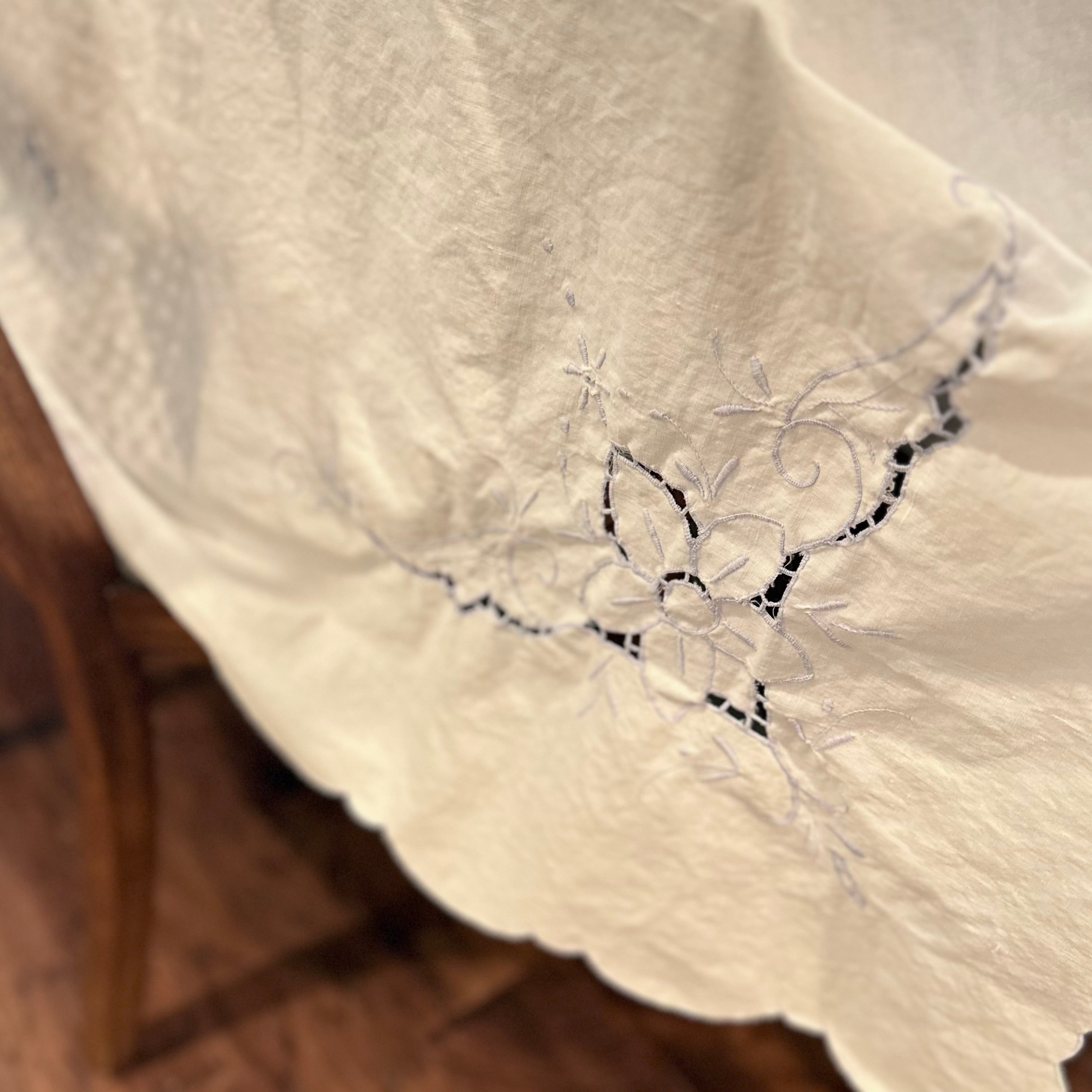 White and Light Blue Vintage Tablecloth