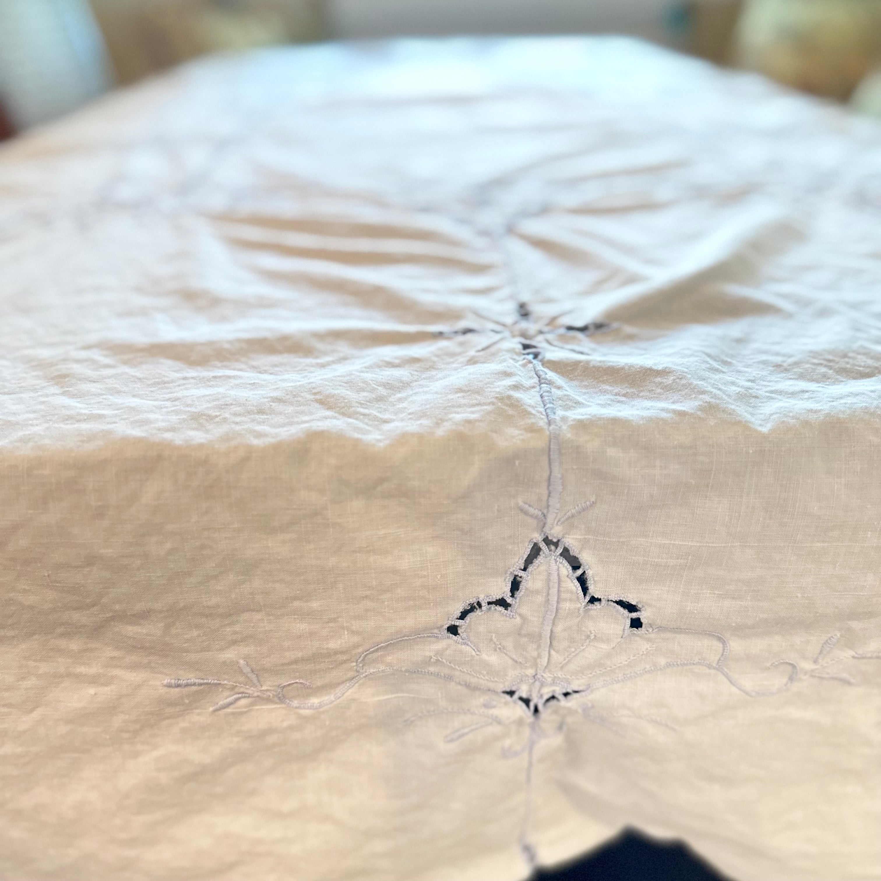 White and Light Blue Vintage Tablecloth