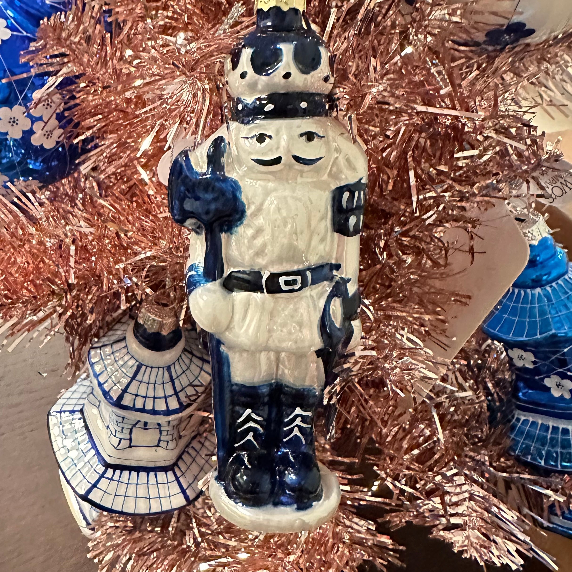 Blue and White Nutcracker Soldier with Axe Ornament