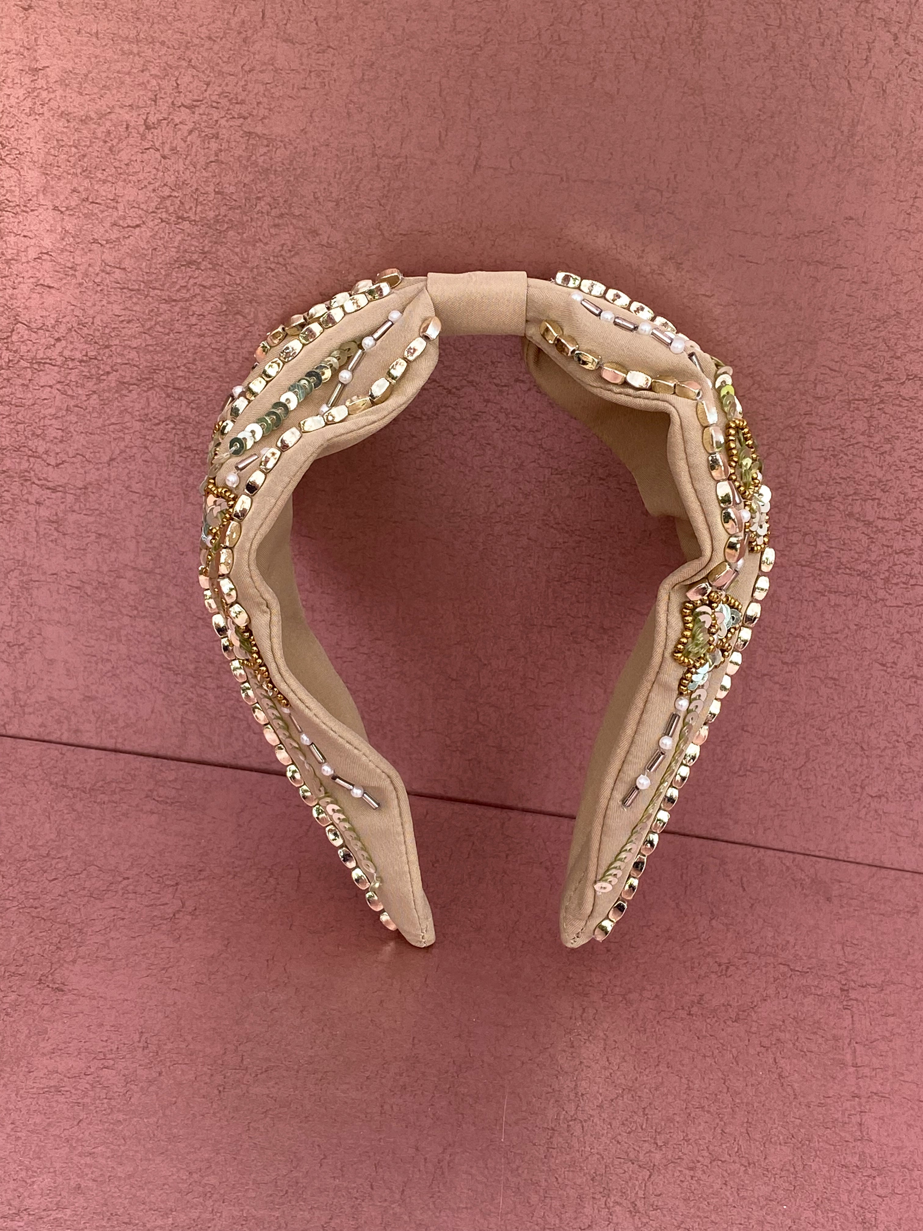 Beige Flower Beaded Headband